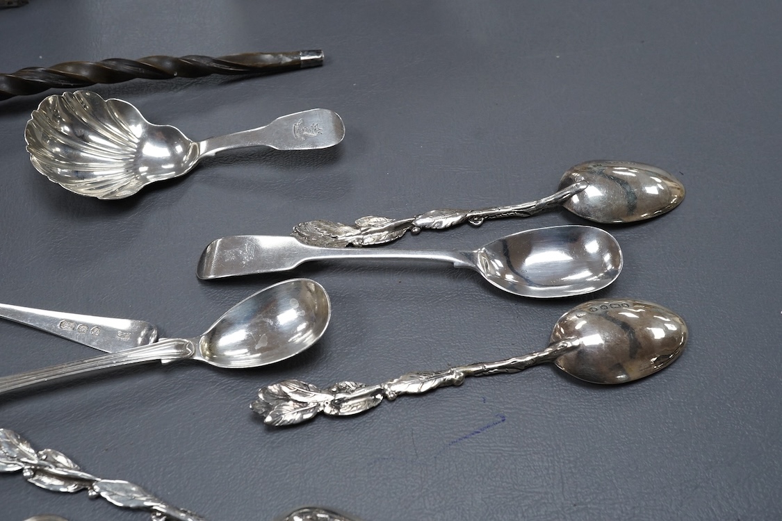 A George IIl silver oval mustard, Crispin Fuller, London, 1800, a matched pair of Victorian silver salts, one Irish, one English, two silver butter knives and assorted flatware including a William IV Irish silver caddy s